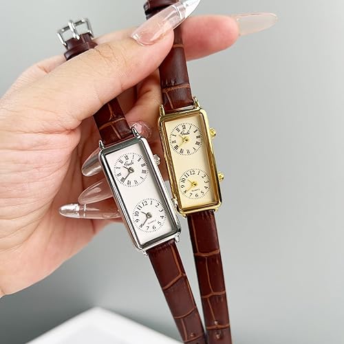 Miniatura 6 de Gosasa Womens Vintage Rectangle Watch Dual Time Zone Waterproof Ladies Quartz Analog Watch for Small Wrist with Two Dials, Roman & Arabic Numerals,
