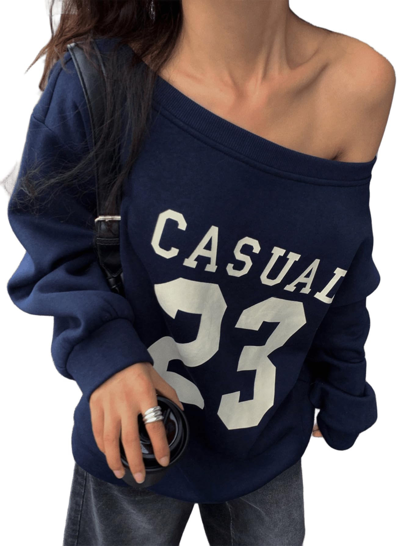 Women's Off Shoulder Casual Sweatshirt, Navy Blue with White '23' Graphic Print