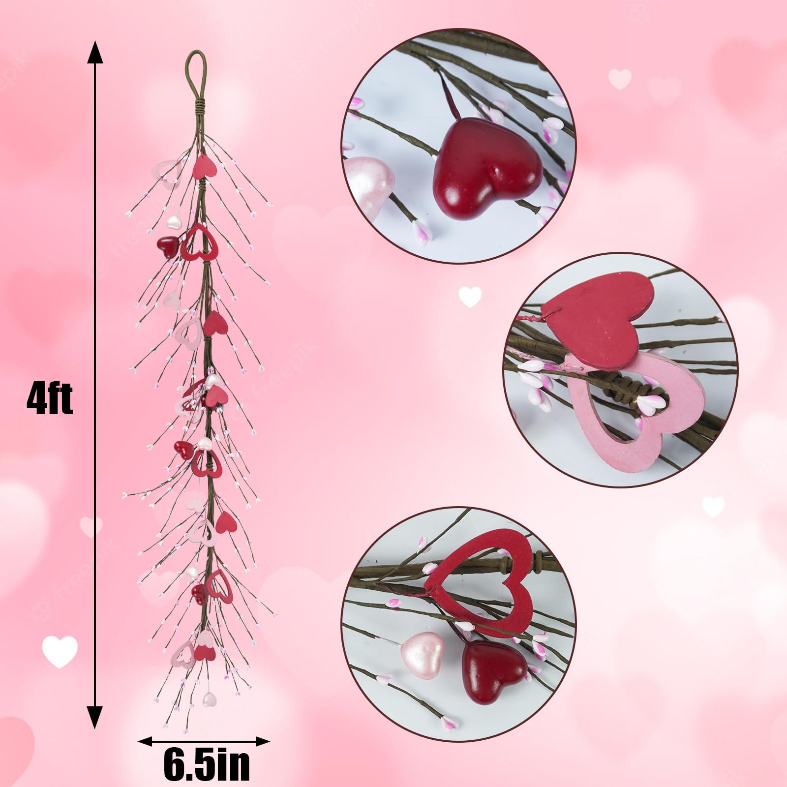 Künstliche Herzgirlande für Kaminsims, Tisch, Wand, Tür, Kranz, Heimdeko, 122 cm, Rot / Rosa
