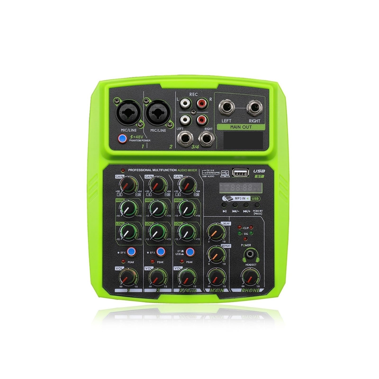 Mezclador de audio, Interfaz de mezclador sonido 4 canales, tarjeta grabación estudio profesional, consola mezclas, micrófono, alimentación fantasma 48 V(Green)