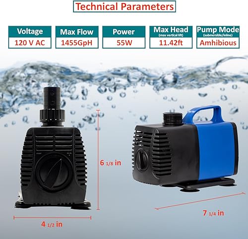 Miniatura 2 de Aqua Dream Bomba sumergible de 1190 GPH (4500LH, 75 W), ultra silenciosa, ajustable, anfibia, interna, externa, para estanque, acuario, pecera,