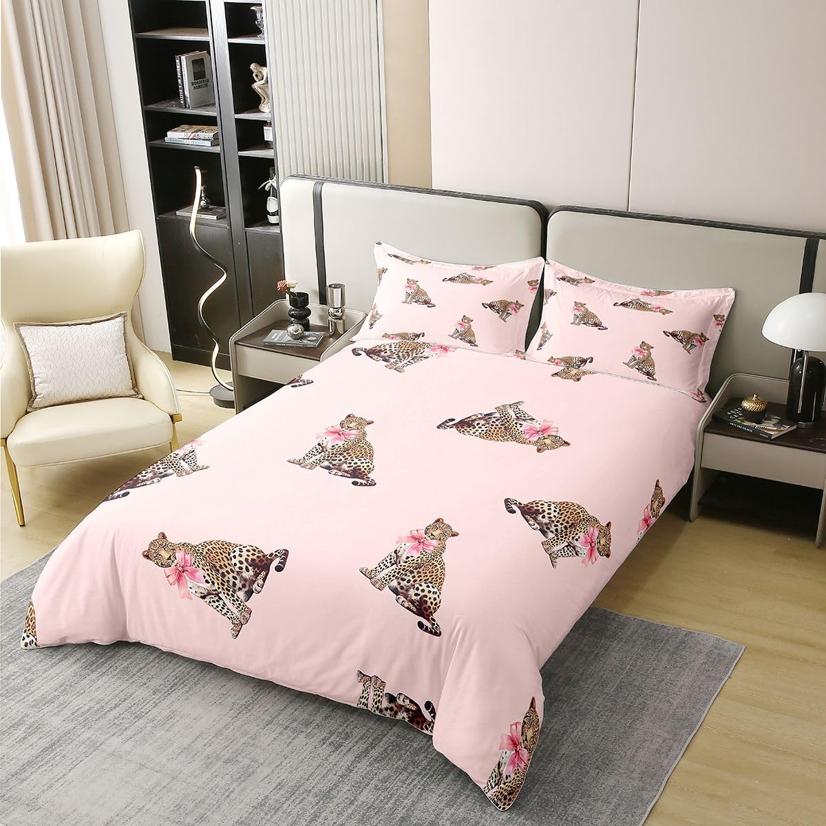Homewish Modny Leopard Podwójny Zestaw Pościeli Różowe Kokardki Bawełniana Poszwa Na Kołdrę Afrykański Dziki Gepard Poszewka Na Kołdrę Preppy Y2K Estetyczne Zestawy Łóżek