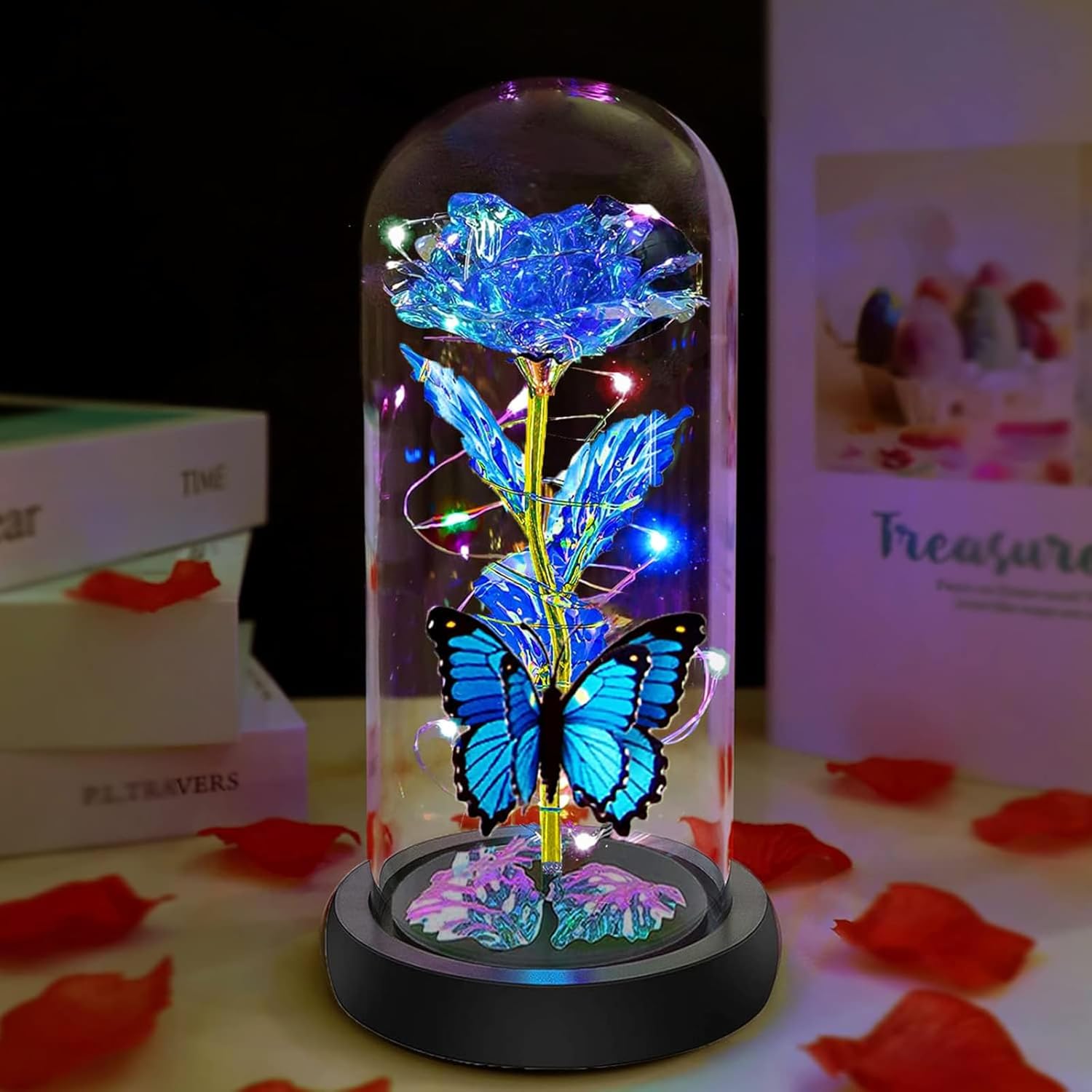Mothers Day Rose Gifts for Mom, Birthday Gifts for Women Moms, Galaxy Crystal Light Up Rose in A Glass Dome,Mothers Day Flowers Presents Girlfriend Wife Grandma Mother Mom from Daughter,Butterfly Blue