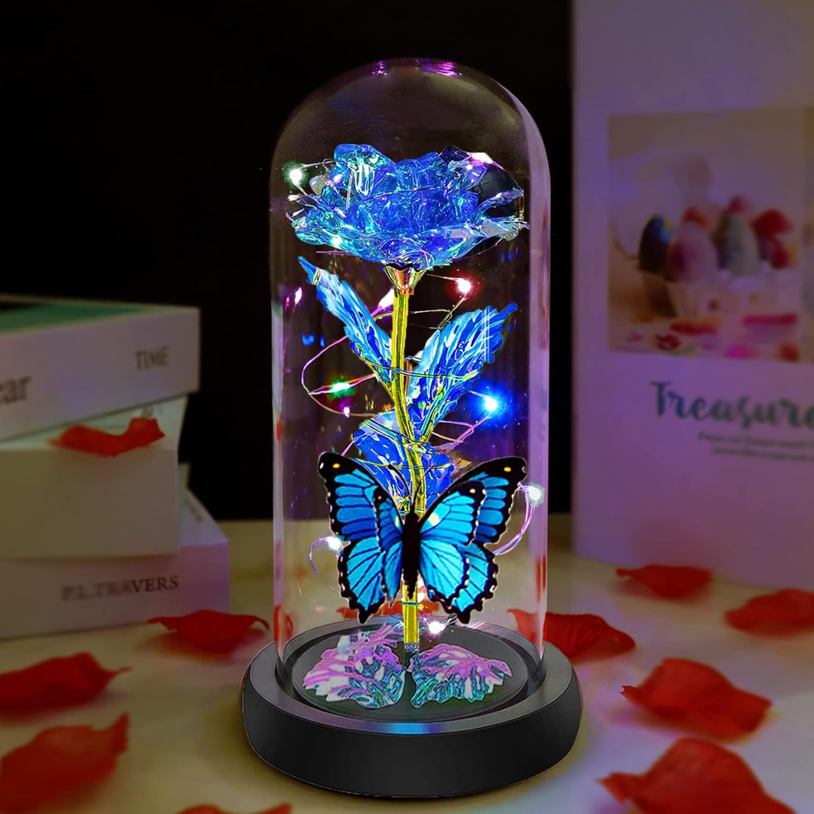 Rosa de cristal galaxia iluminada en cúpula con luces led para regalo
