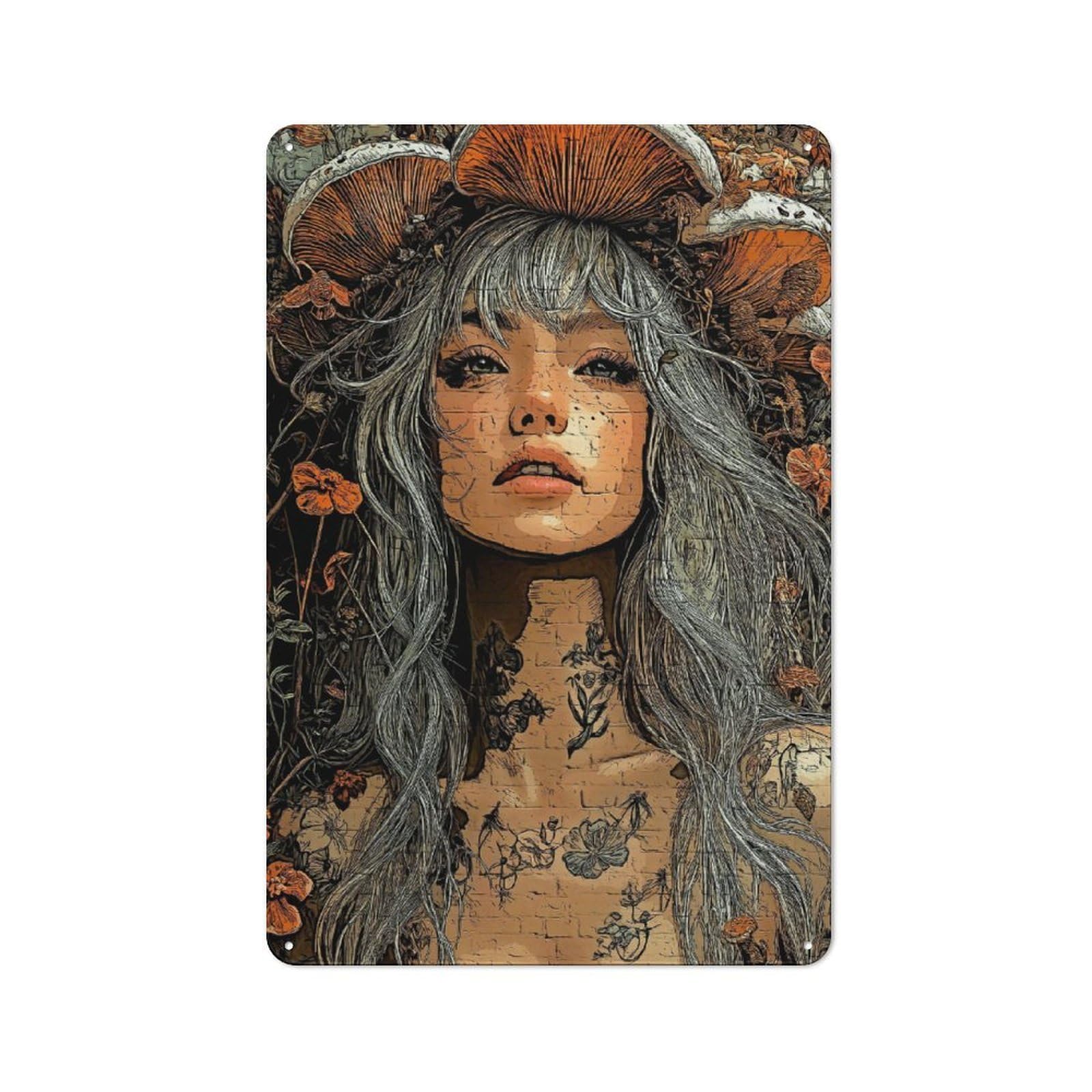 Junmoney Mushroom Crowned Woman Portrait Vintage Tin Sign 30X20cm For Dining Room Or Kitchen, For Themed Interiors In Kitchens And Dining Spaces