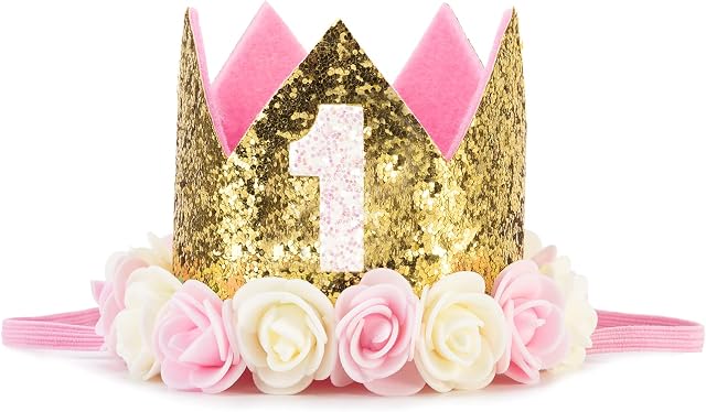 BOSONER Baby Princess Crown 1" Tiara Kids First Birthday Hat Sparkle Gold Flower Design (1st Birthday crown)