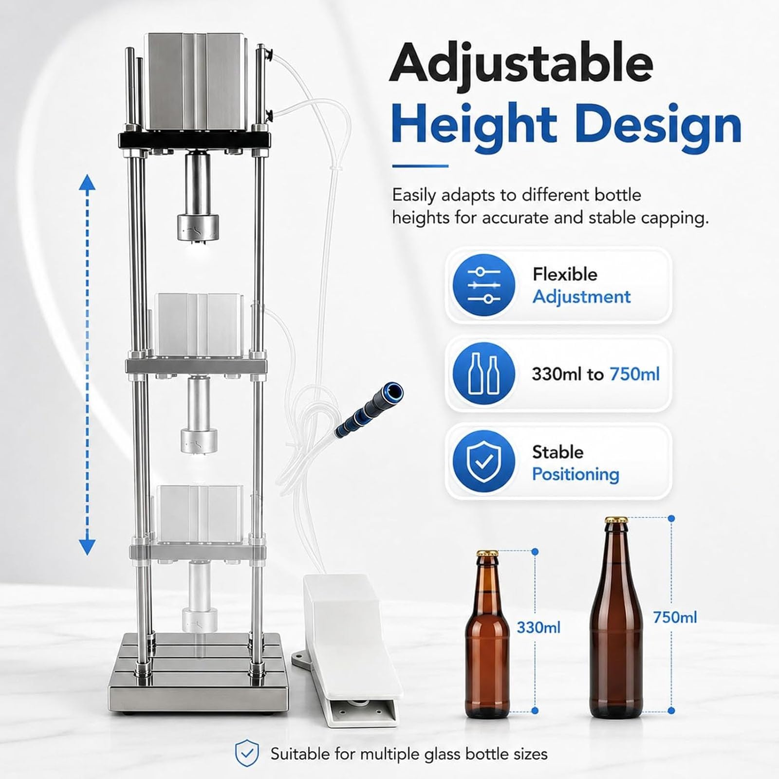 Tappatore semiautomatico per bottiglie con interruttore a pedale | Tappatrice pneumatica, altezza regolabile, per tubi dell'aria da 8 mm a 12 mm, birra fatta in casa e imbottigliamento
