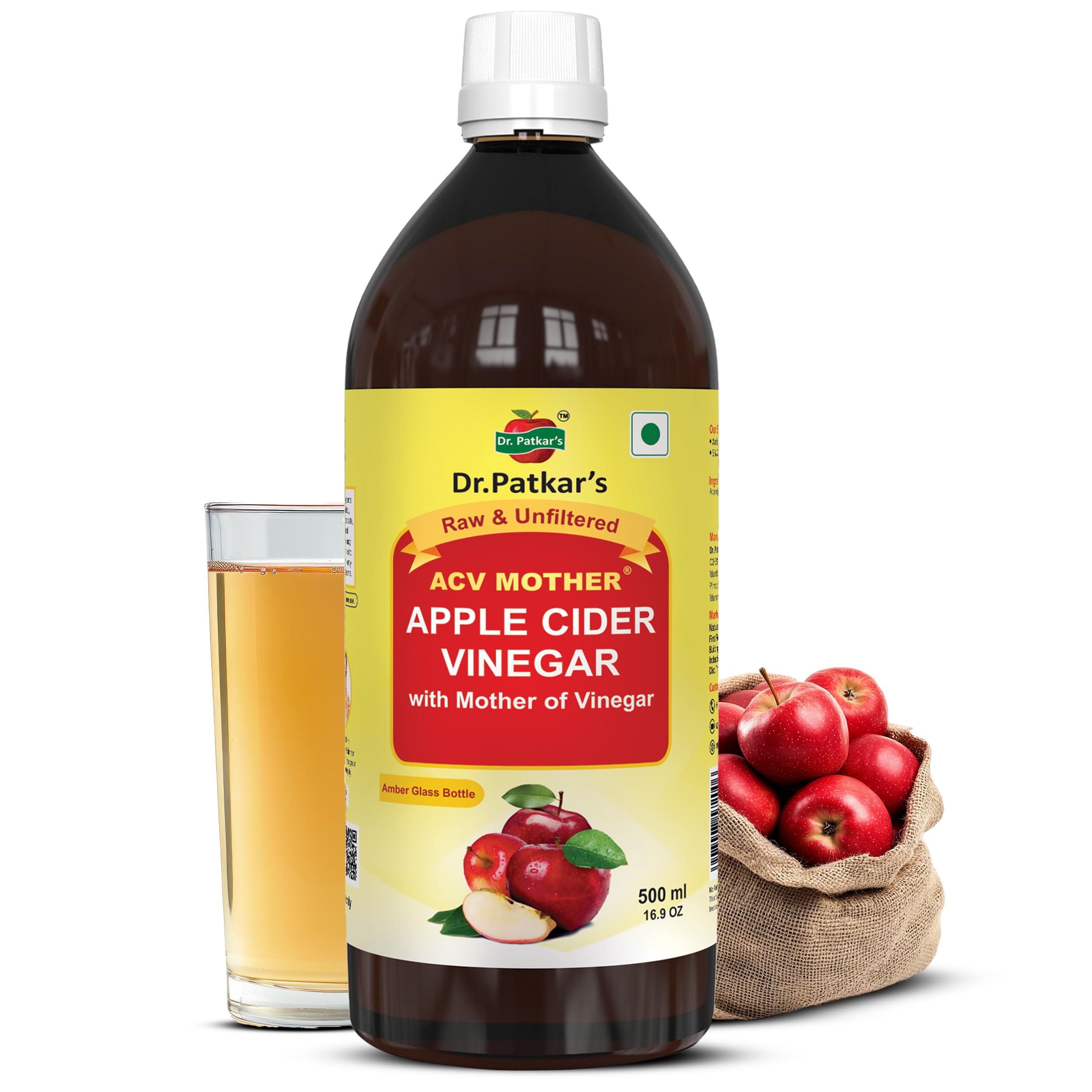 Dr. Patkar's Apple Cider Vinegar with Mother Vinegar | Unfiltered & Undiluted | Suitable for Weight Loss & Improved Immunity (With Mother) 500ml