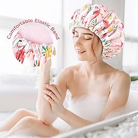 Shower Cap for Women Terry Lined Bath Cap Large Reusable Waterproof Elastic Band Pink Flamingo Shower Caps for Long Thick Hair Soft Bath Shower Hair Caps