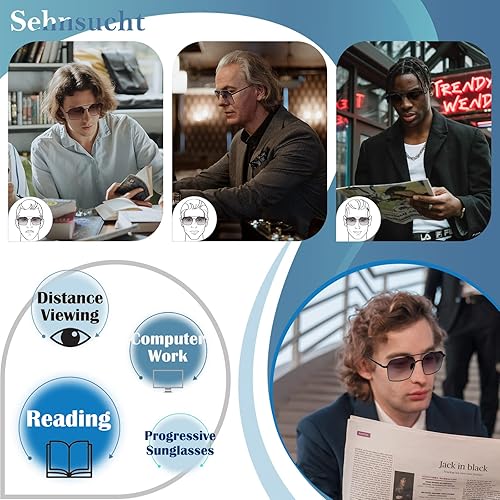 Miniatura 4 de Sehnsucht Gafas de sol cuadradas de lectura progresiva para hombres, protección UV, lentes de sol multifocales, para hombre, lectores trifocales con