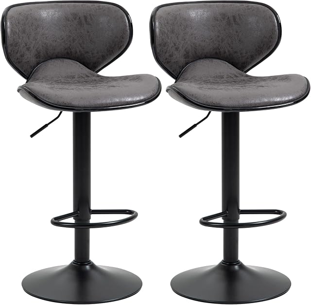 HOMCOM Bar Stool Set of 2 PU Leather Adjustable Height Armless Chairs with Swivel Seat, Dark Grey
