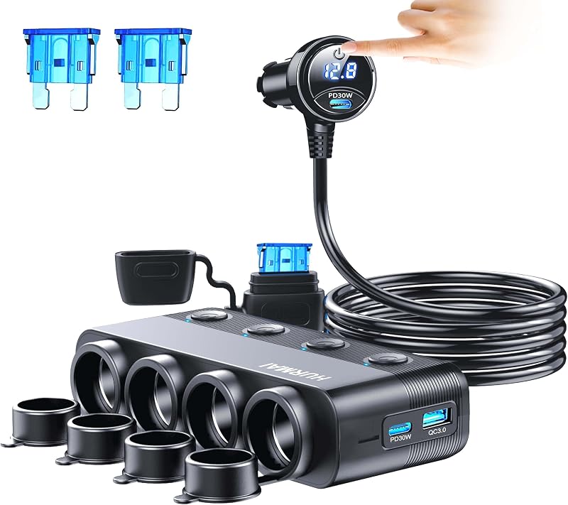 Divisor de acendedor automotivo HURMAI HS75AD 216 W com USB-C e 3 tomadas – 1 unidade