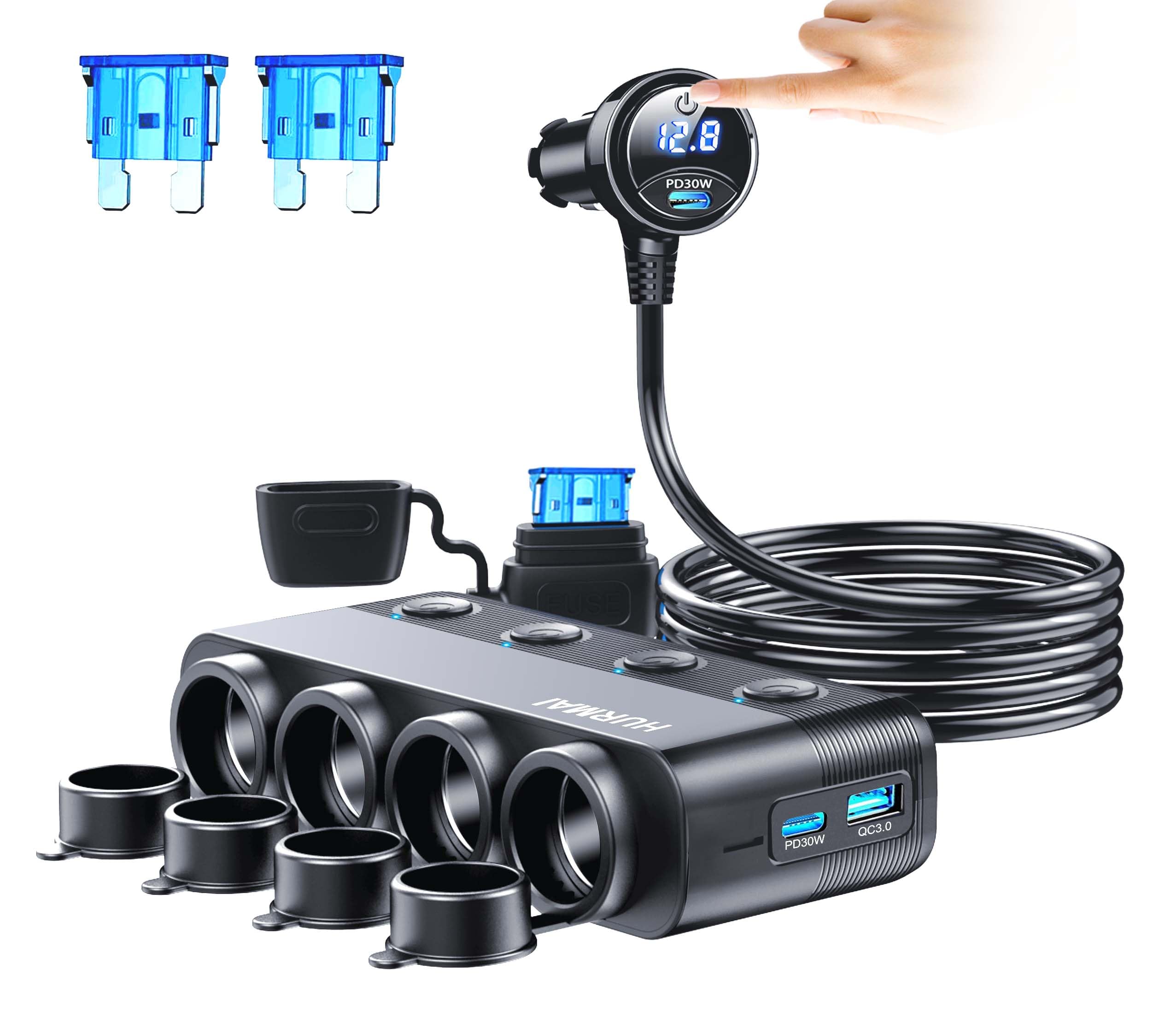 Cigarette Lighter Splitter Adapter 216W 4 Socket Heavy Duty Truck Car USB Chager Multi Port with PD30W/QC3.0 Charge USB C 12V/24V Independent Switches & Dust Cover & Waterproof for Car Devices