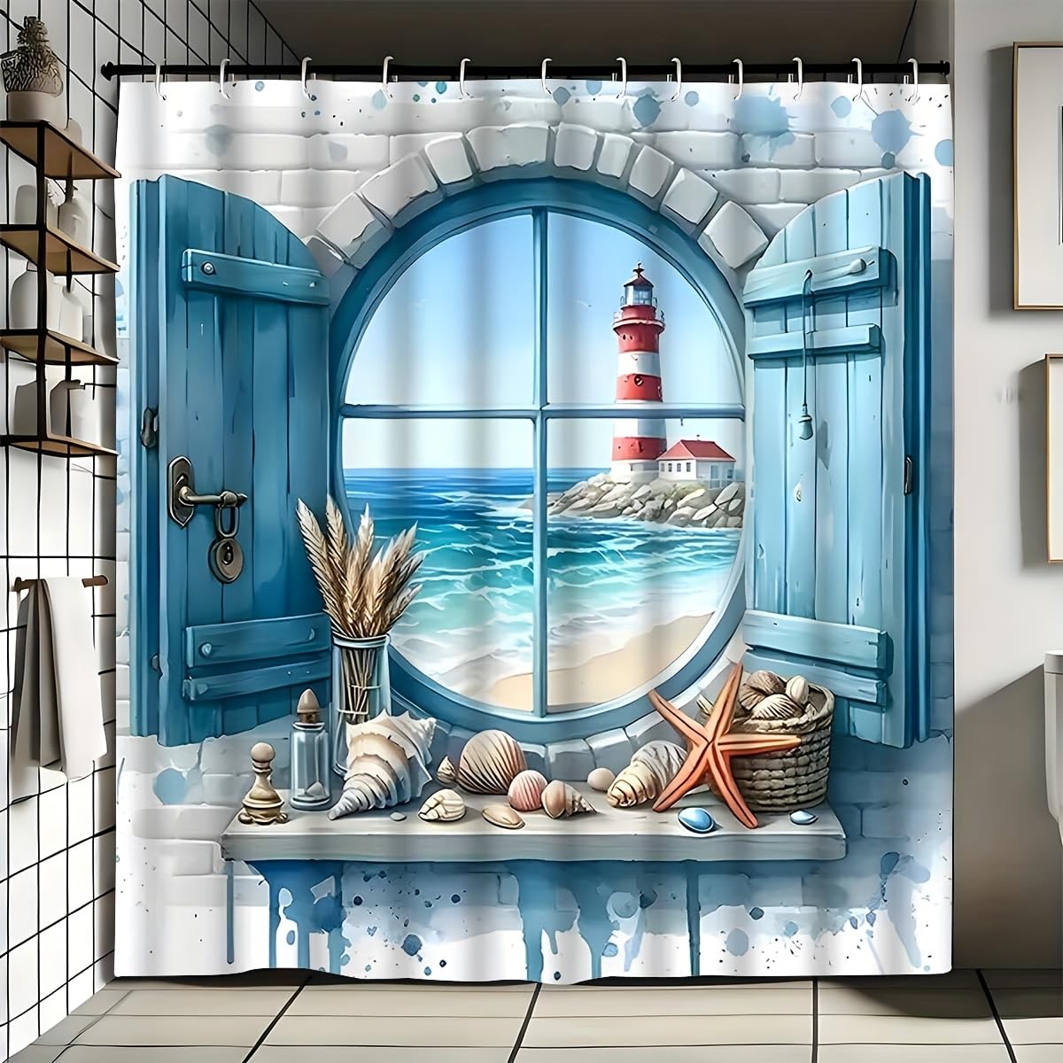 GLWDMB 1 Piece 90x180CM Creative Nautical Elements Lighthouse Printed Shower Curtain With Hook, Polyester, for Windows And Walls, Bathtub, Bathroom, Machine Washable, All Season Universal
