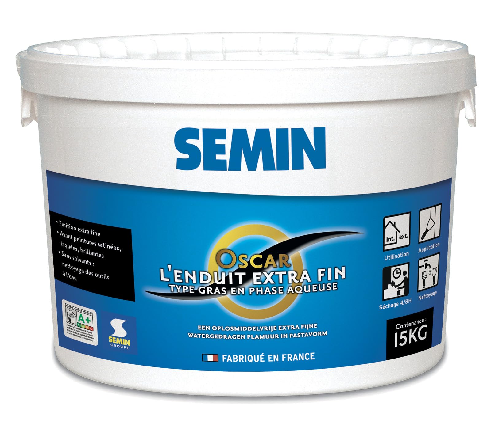 Enduit de Finition Extra Fin Semin Oscar, Prêt à l'Emploi, Intérieur/Extérieur, seau 15 kg