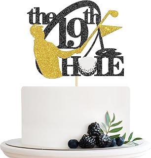 the 19th Hole Cake Topper, Golf 19th Birthday Cake Topper, Golf Enthusiasts, Sport Theme 19th Birthday Party Cake Decorations - Black Gold Glitter