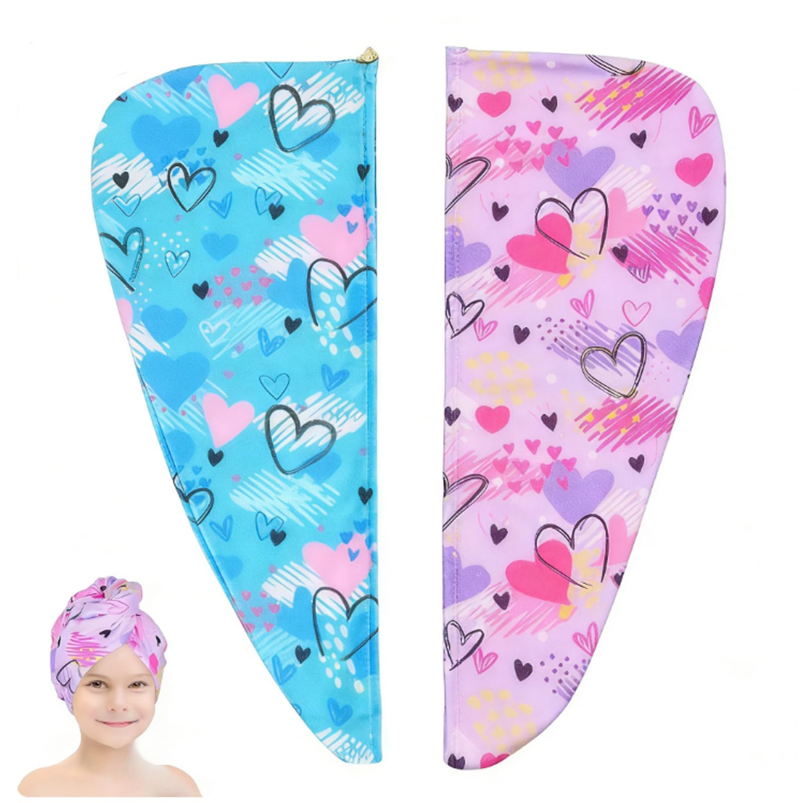 DeBizz 2 pezzi turbante per capelli per bambini, asciugamano per asciugacapelli, in microfibra, ad asciugatura rapida, per donne e ragazze (multicolore)
