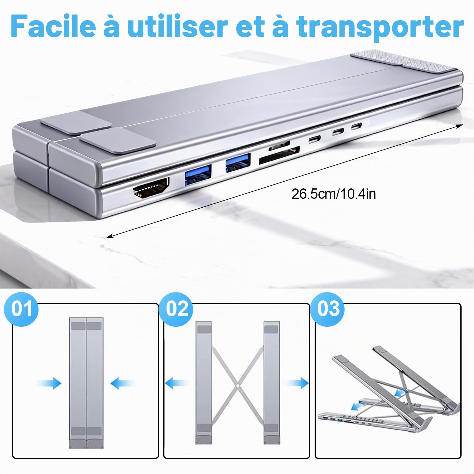 Support pour ordinateur portable 8 en 1 USB-C - En aluminium - Avec station d'accueil USB C 8 en 1 - Double support pliable avec 9 angles réglables - Avec HDMI 4K @ 30 Hz, USB 3.0, PD 100 W - Pour la