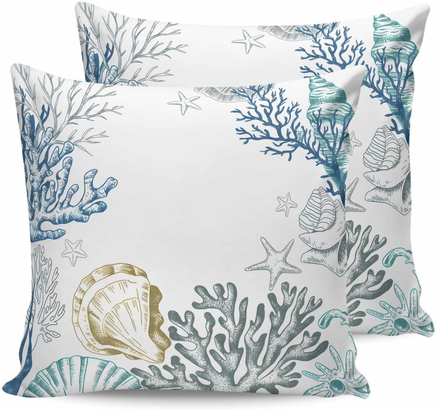 Coastal Decorative Throw Pillow Cover Pack of 2, Ocean Coral Shell Turquoise Blue Conch Cushion Cases Modern Accent Square Pillowcase for Couch Sofa Bedroom Living Room 24x24 Inch