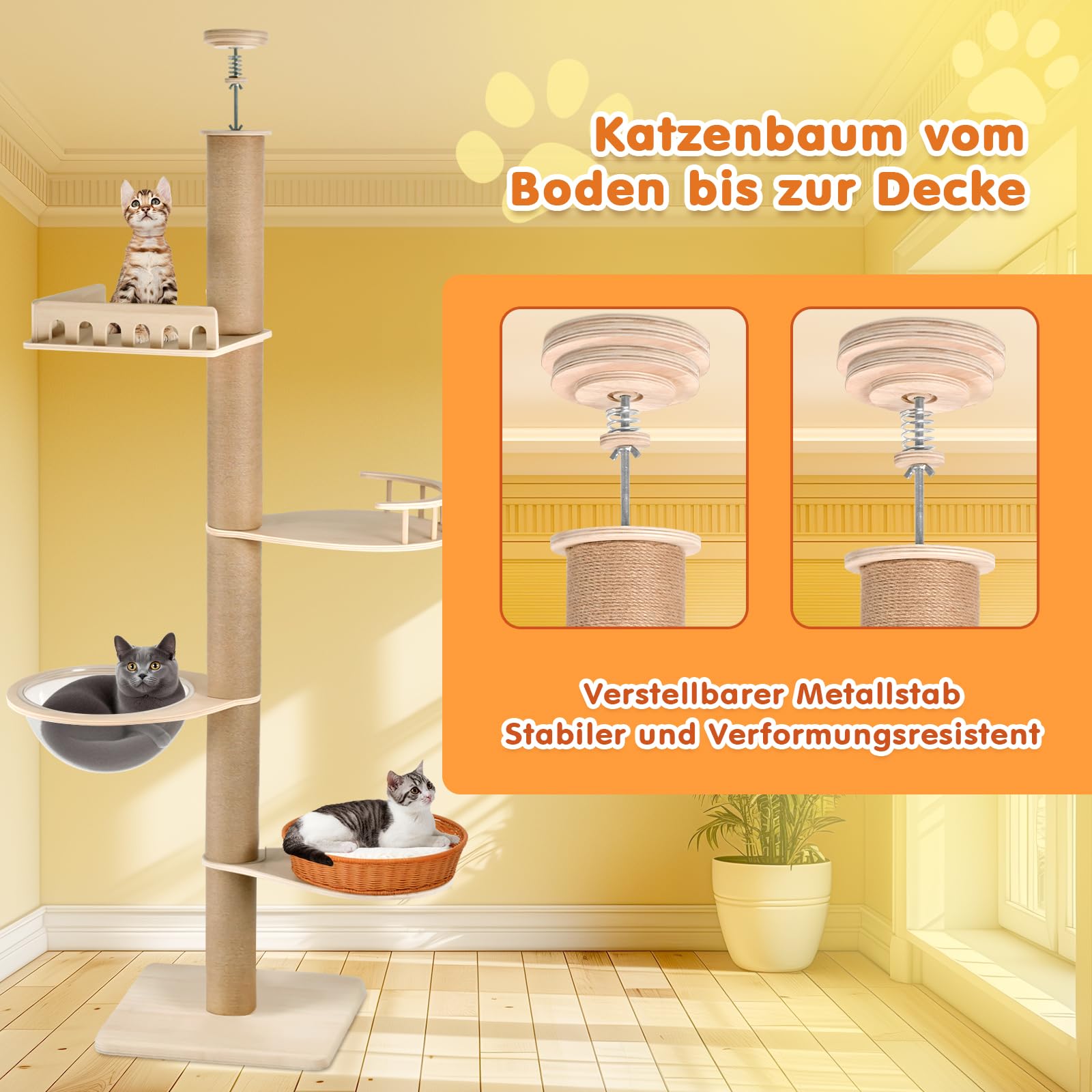 Kratzbaum deckenhoch 255-270cm, höhenverstellbarer 5 Etagen Katzenbaum mit Geländer, Raumkapsel, Rattankorb & Sisal Kratzsäulen, Stabiler Katzenturm