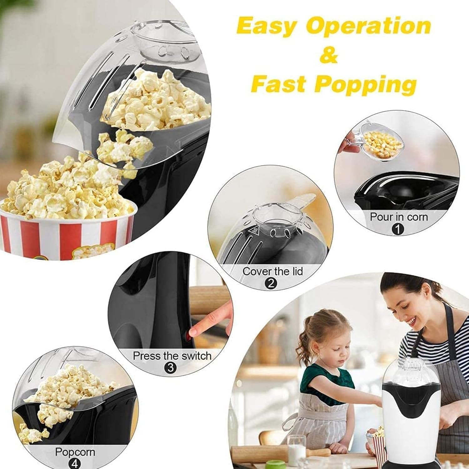 Helfoni Automatic Popcorn Machine Home Use, Electric Big Popcorn Machine, Oil-Free Popcorn Maker Machine, 1200W Hot Air Machine Household Electric Instant 4