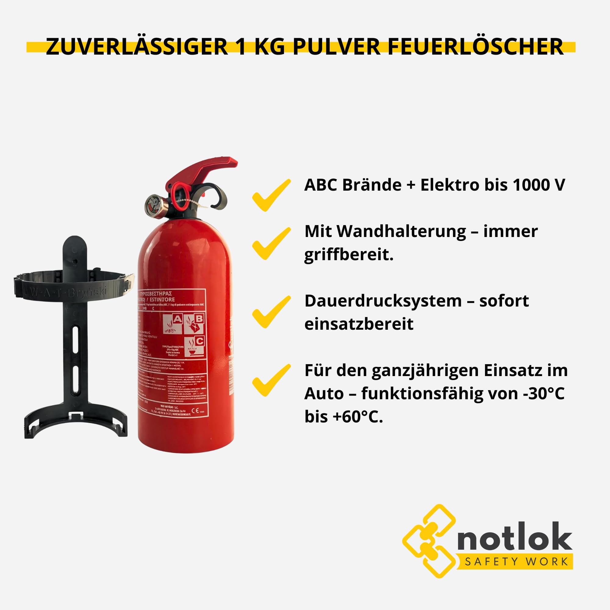 1kg Pulver Feuerlöscher ABC + elektrische Geräte < 1000 V | 3 Jahre Garantie | Mini Dauerdruck Feuerlöscher Haushalt ideal für Küche Aber auch für Auto | + Feuerlöscher Halterung