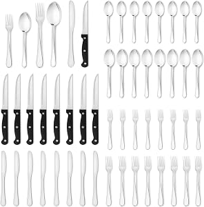 48Piece Silverware Set with Steak Knives for 8, Stainless Steel Flatware Set, Knife Fork Spoon Set, Mirror Finish Cutlery Utensil Set for Home Restaurant, Dishwasher Safe Utensil Set