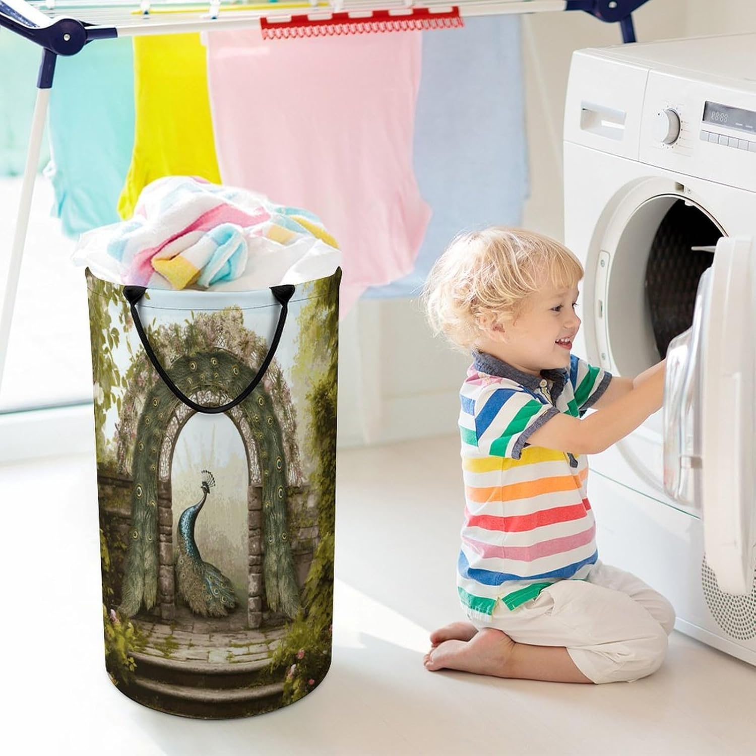 Garden Arched Door Peacock Laundry Basket 86L Laundry Hamper | Collapsible Clothes Hamper with Reinforced Handles Waterproof Tall Foldable Dirty Clothes Basket for Hotel, Home, Closet