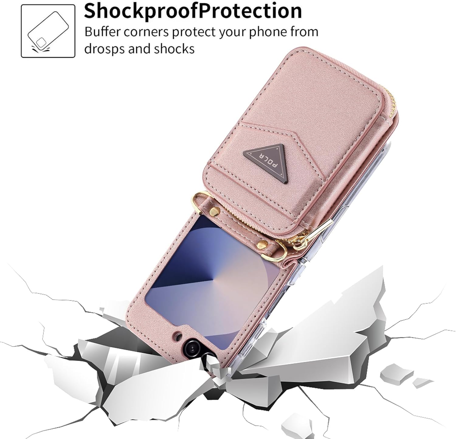 for Samsung Galaxy Z Flip 6/Flip 7 FE Luxurious Leather Zipper Wallet Case Offers 6 Card Slots, with Wrist Strap and Adjustable Shoulder Strap Like a Mini Backpack.(Rosegold)