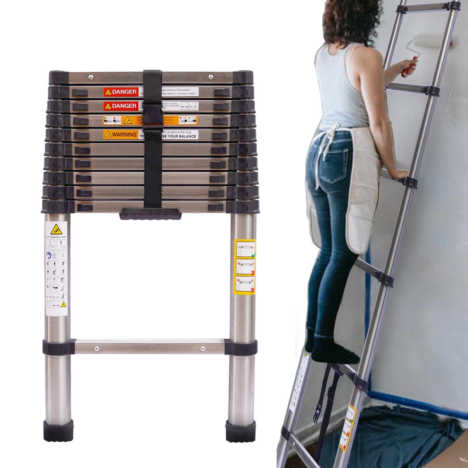Scaletta telescopica da 3,2 m, pieghevole, scala telescopica pieghevole, in acciaio inox, con pedane a scomparsa, portata massima 150 kg