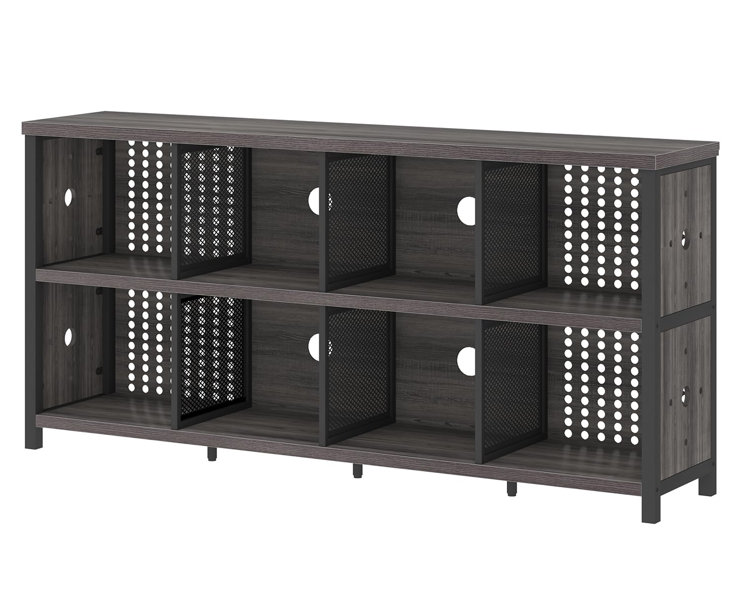 LVB Bücherregal Standregal mit Holz und Metall Bücherschrank mit 8 Offene Fächer Würfelregal Büroregal horizontal für Wohnzimmer Homeoffice Kinderzimmer Dunkelgrau 34T x 160B x 76H