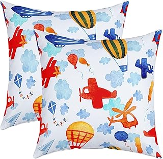Cartoon Aircraft Pillow Cover,Cute Cloud Hot Air Balloon Sky Flying Reversible Print Pack of 2 Cushion Cover,Kids Watercolor Airplane Couch Pillow Cover 18