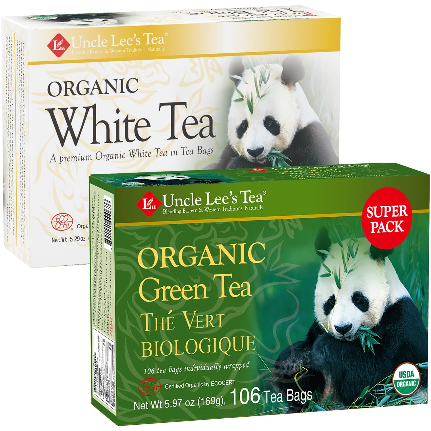 Uncle Lee's Organic White & Green Tea Variety 2-Pack (206 Individually Wrapped Bags) – Lightly Caffeinated Bulk Teas for Home, Office, Camping
