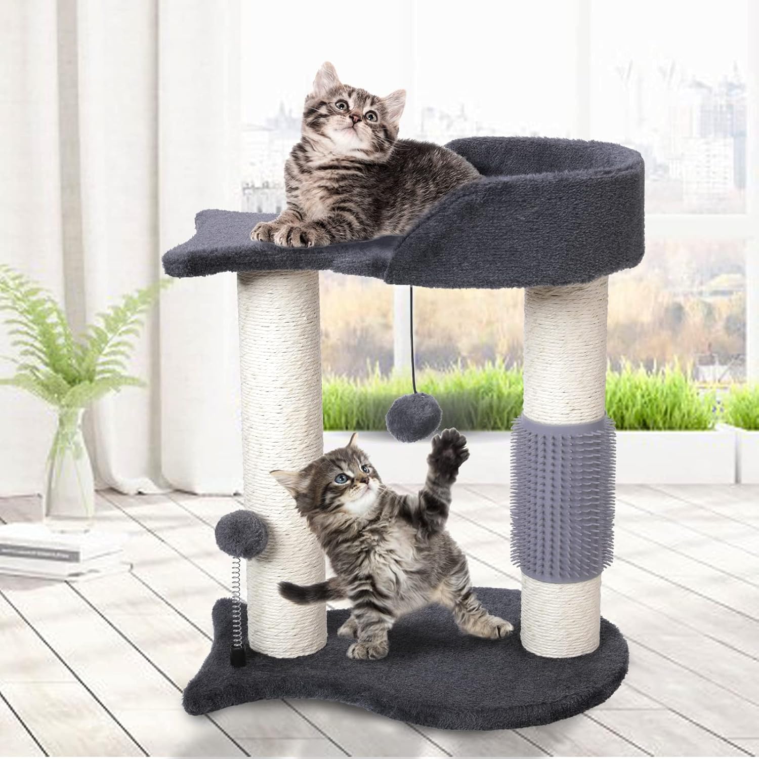 Cat Tree Tower, Multifunction Cat Scratching Post for Indoor Cats Featuring with Fish-Shaped Rest Platform Cat Self Groomer Danging Ball Spring Ball, Grey