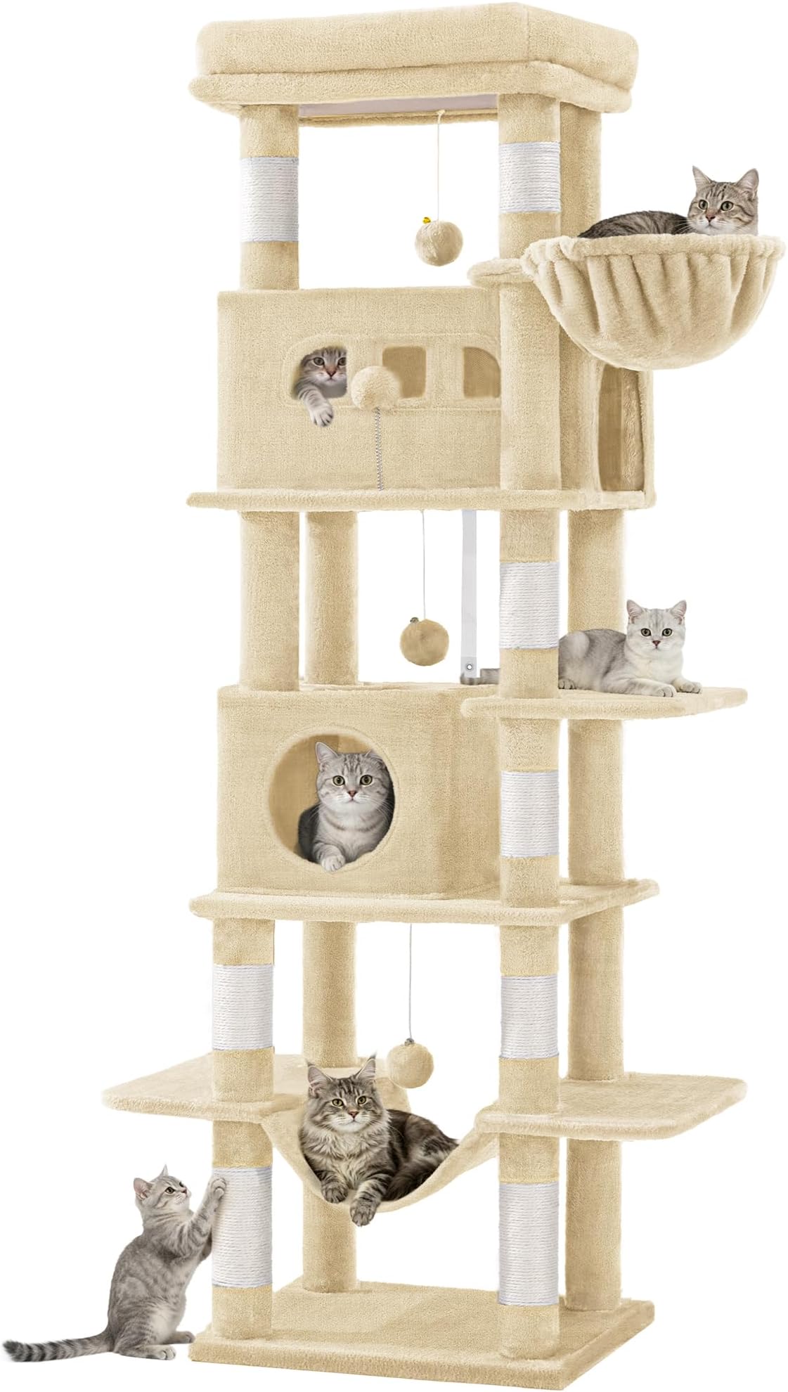 Hzuaneri Cat Tree for Indoor Cats, 210 cm Large Tall Cat Tower, Beige