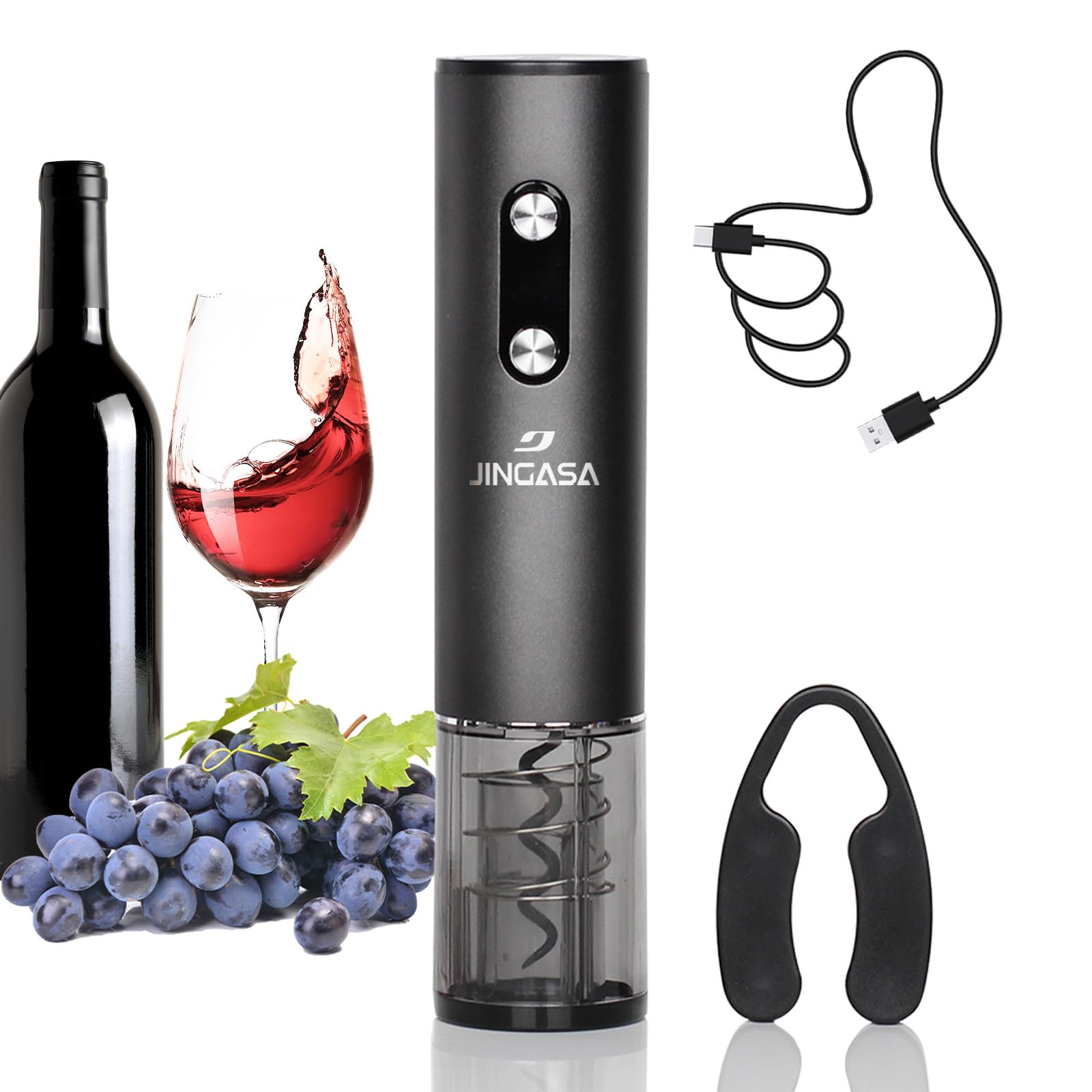 JINGASA Electric Wine Opener with Automatic Corkscrew &amp; Foil Cutter – Rechargeable Type-C Corkscrew Bottle Opener for Home, Kitchen &amp; Party, Black,1 Pack