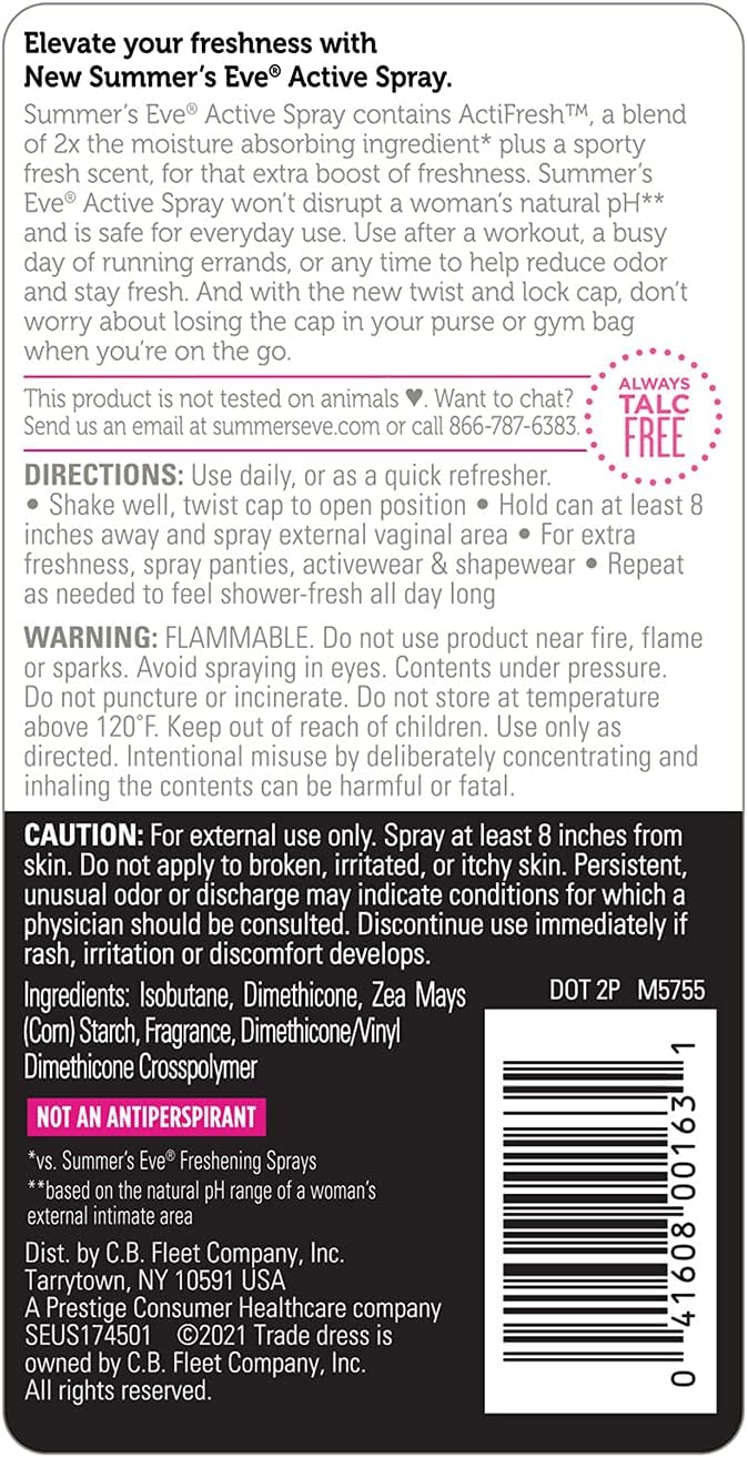 Summer's Eve Active Freshening Spray, Absorbs Moisture, 2 oz : Health & Household