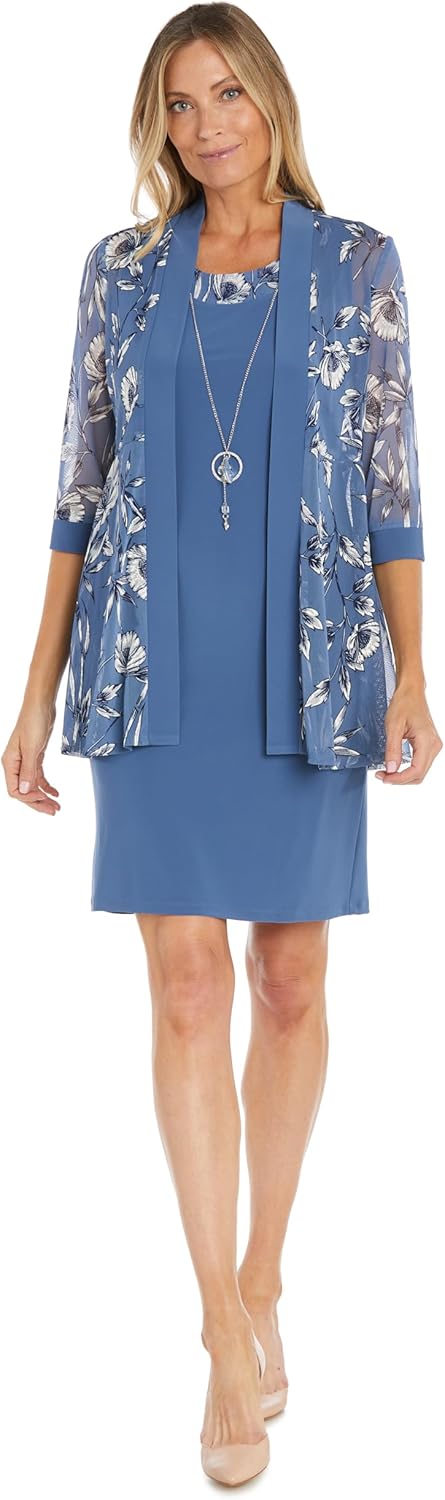R&M Richards Women's Sheath Dress W/Floral Print Sheer Jacket & Detachable Necklace | Elegant 2-Piece Formal Ensemble