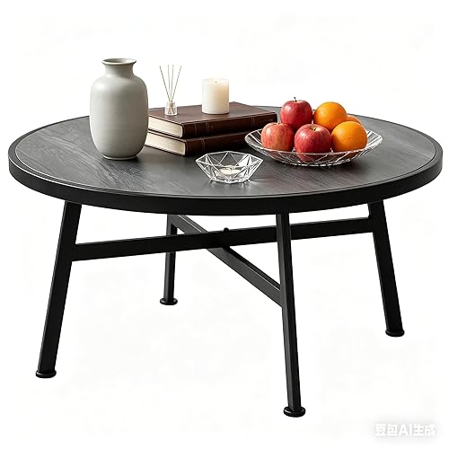 Round Coffee Table, Industrial Circular Center Coffee Table for Living
