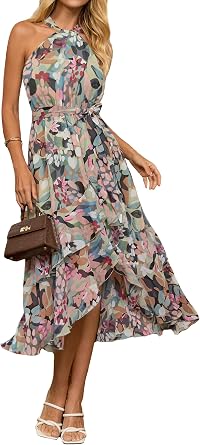 BerryGo Womens Summer Halter Floral Wedding Guest Dress Maxi High Low Ruffled Flowy Beach Vacation Party Sundress 2026