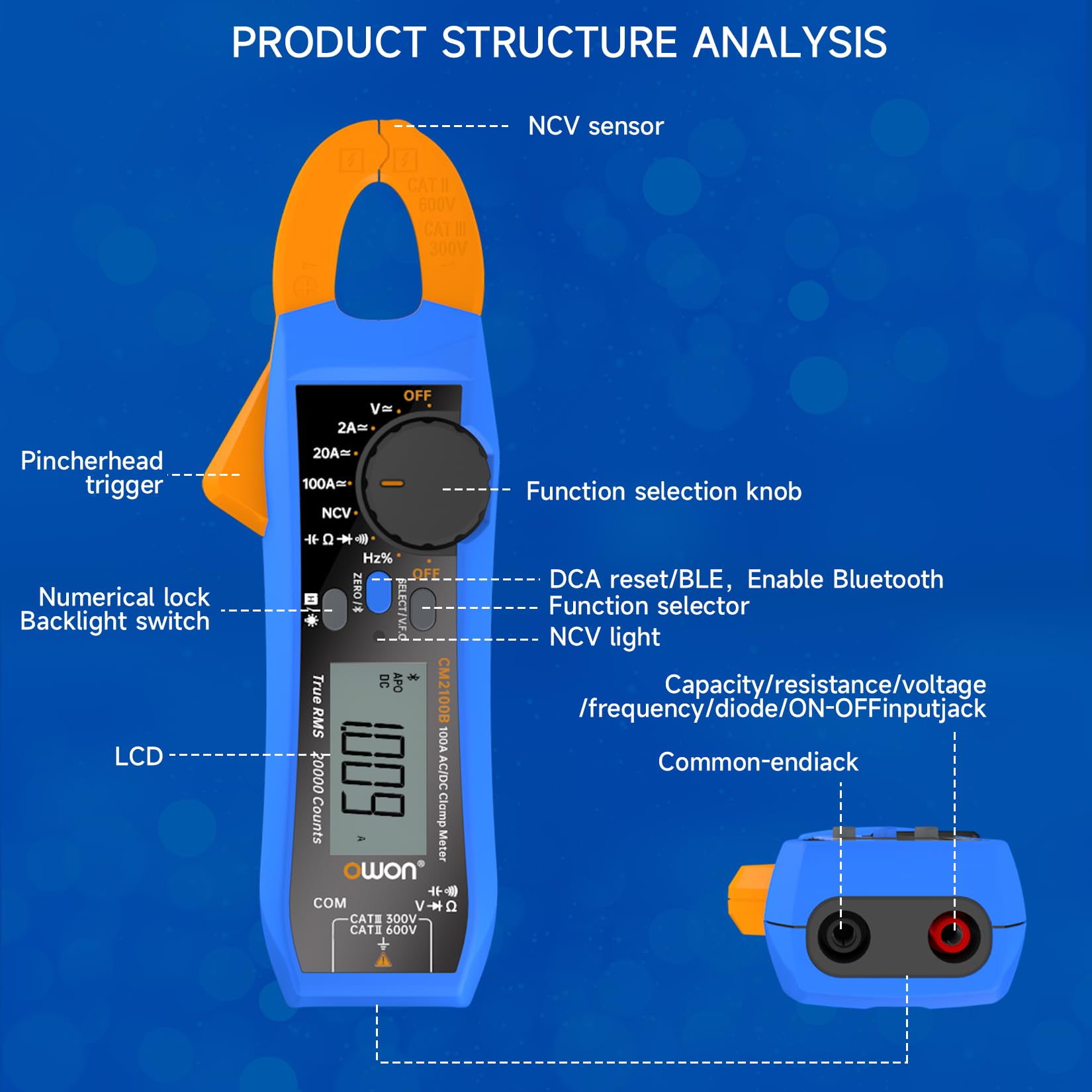 OWON CM2100B Pinza Amperometrica Digitale Bluetooth Autoranging 20000 Conteggi Tester di Capacità di Resistenza AC/DC Multimetro TrueRMS Funzioni di Misurazione Multiple Protezione NCV VFC