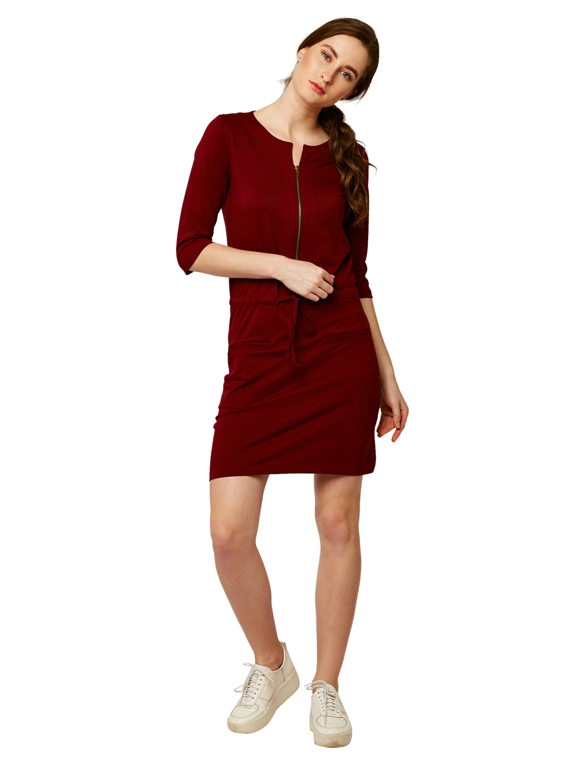 Miss Chase Women's Super Soft Round Neck 3/4 Sleeves Solid Mini Shift Dress With Zip Closure | 2 Colors(Mcss18D11-25-143-02, Maroon, X-Small)