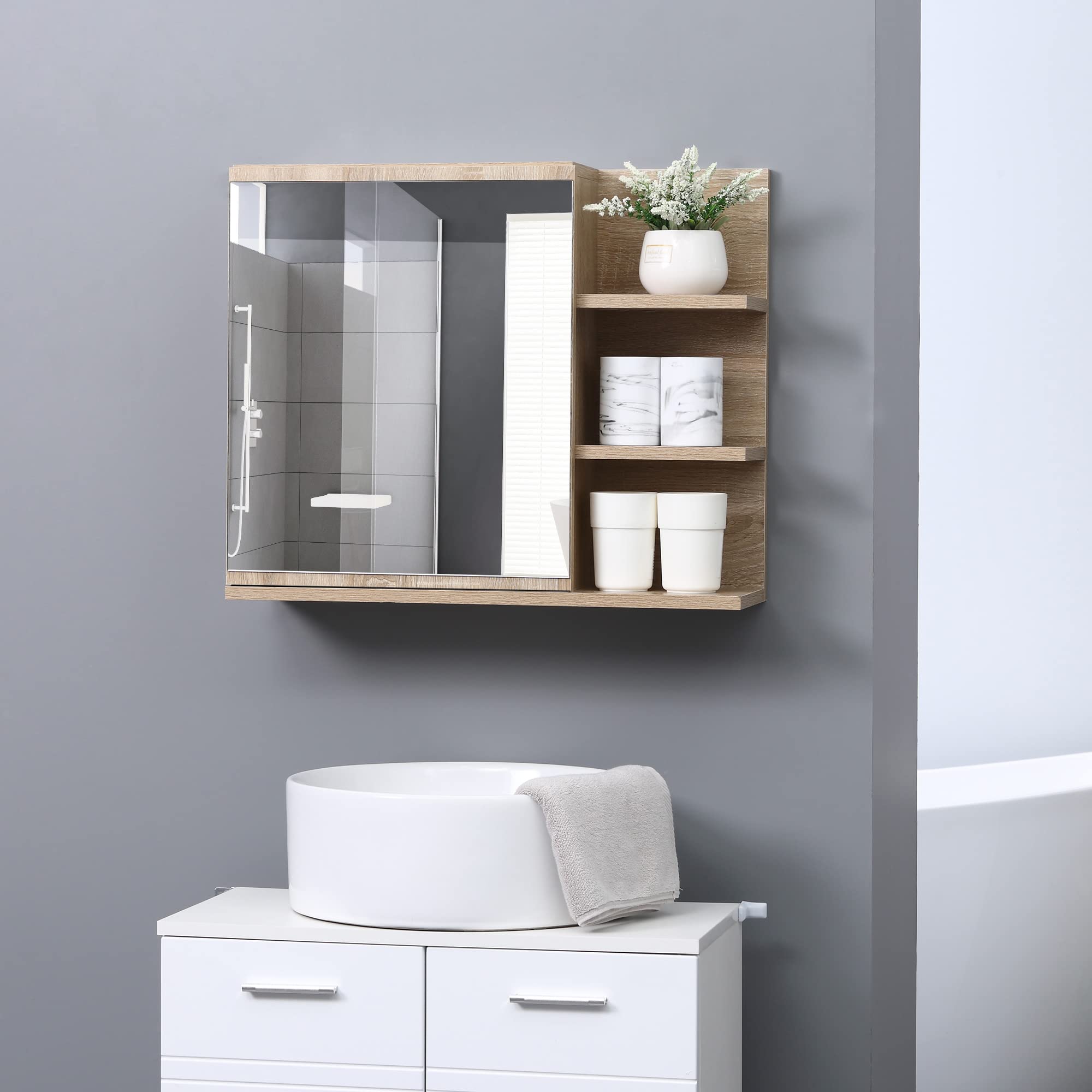 kleankin Armoire Miroir de Salle de Bain avec étagère - 3 étagères latérales - kit Installation Murale fourni - Panneaux Particules Aspect chêne Clair