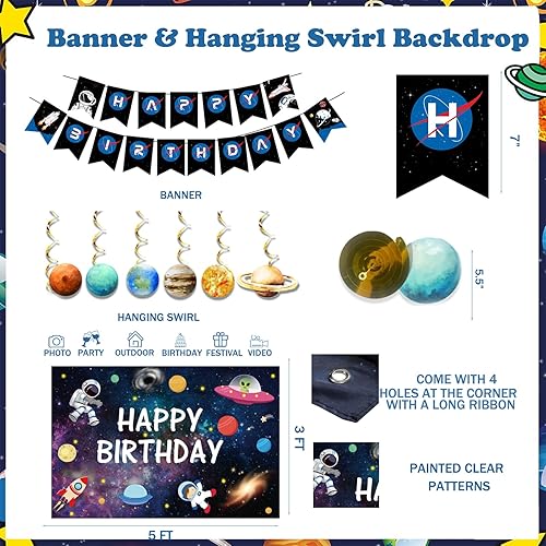 Miniatura 4 de 243 decoraciones de cumpleaños espaciales, suministros de fiesta temática de galaxia del espacio exterior de Hombae telón de fondo, guirnalda de