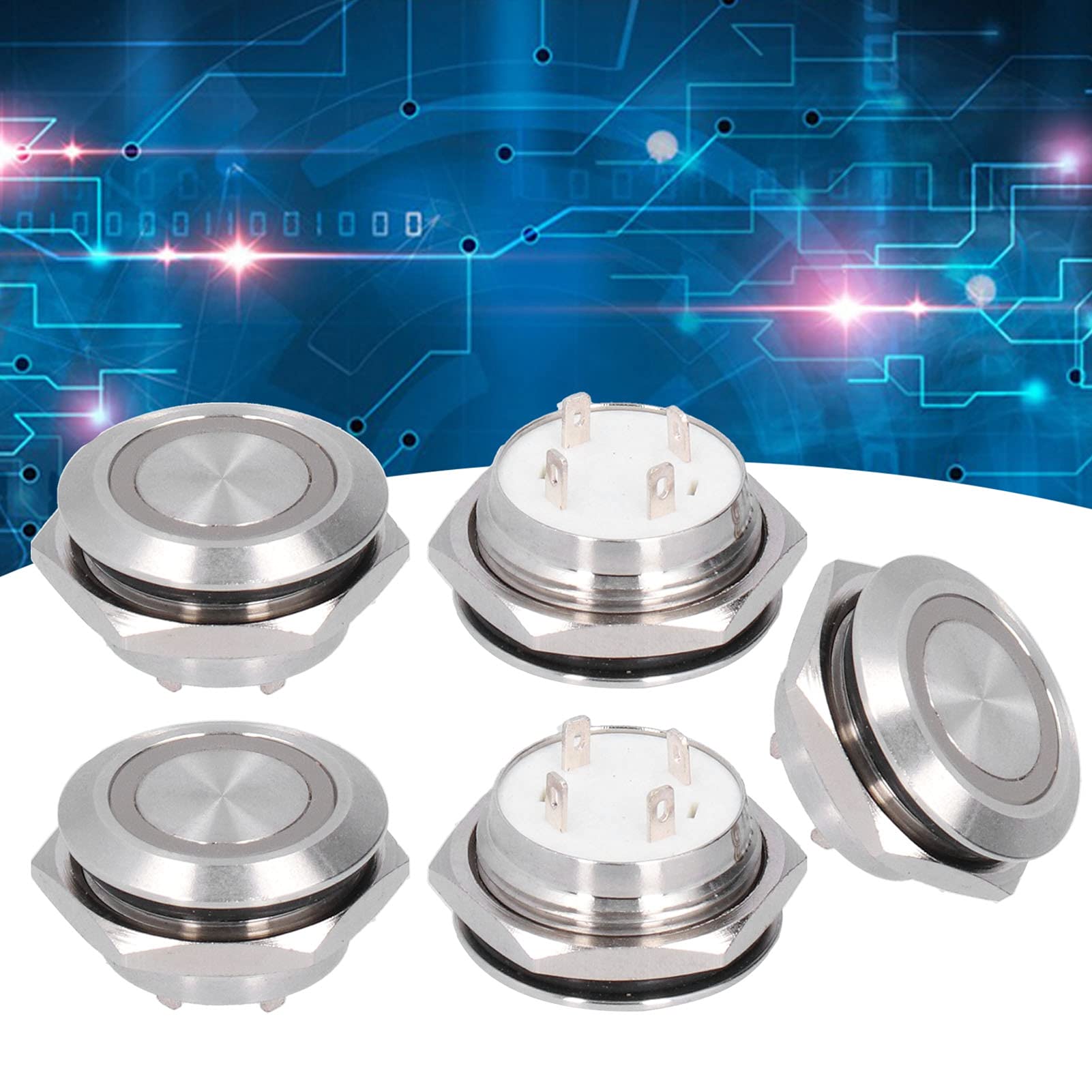 5 szt. Metalowy Chwilowy Przełącznik Wciskany z diodą LED, Mini Auto Reset Ultra Cienki Wodoodporny Przełącznik 19 Mm (DC12~24V Niebieski)