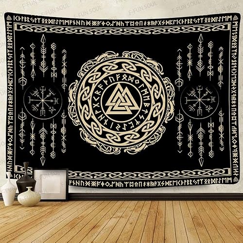F-FUN SOUL Tapiz de los vikingos nórdicos, franela suave grande de 80 x 60 pulgadas, diseño de runa celta vikinga valknut escandinava, tapiz de