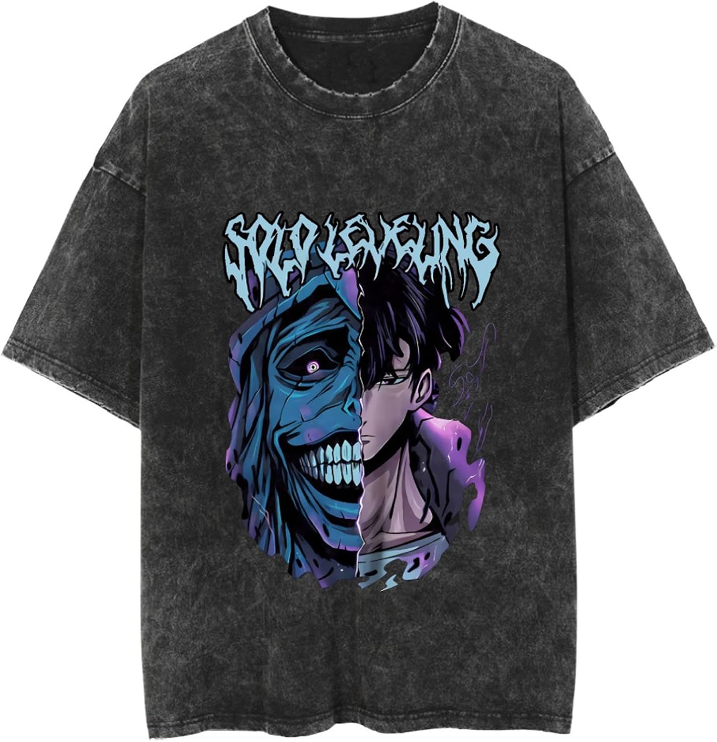ISaikoy Anime Solo Leveling T-Shirt Vintage Washed Cotton Short Sleeve Tee Shirt Costume