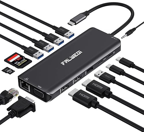 Estación de acoplamiento USB C para laptop, adaptador multipuerto 14 en 1 tipo C, doble HDMI, VGA, PD, Ethernet, SDTF, puertos USB CA, disponible en Yaxa El Salvador