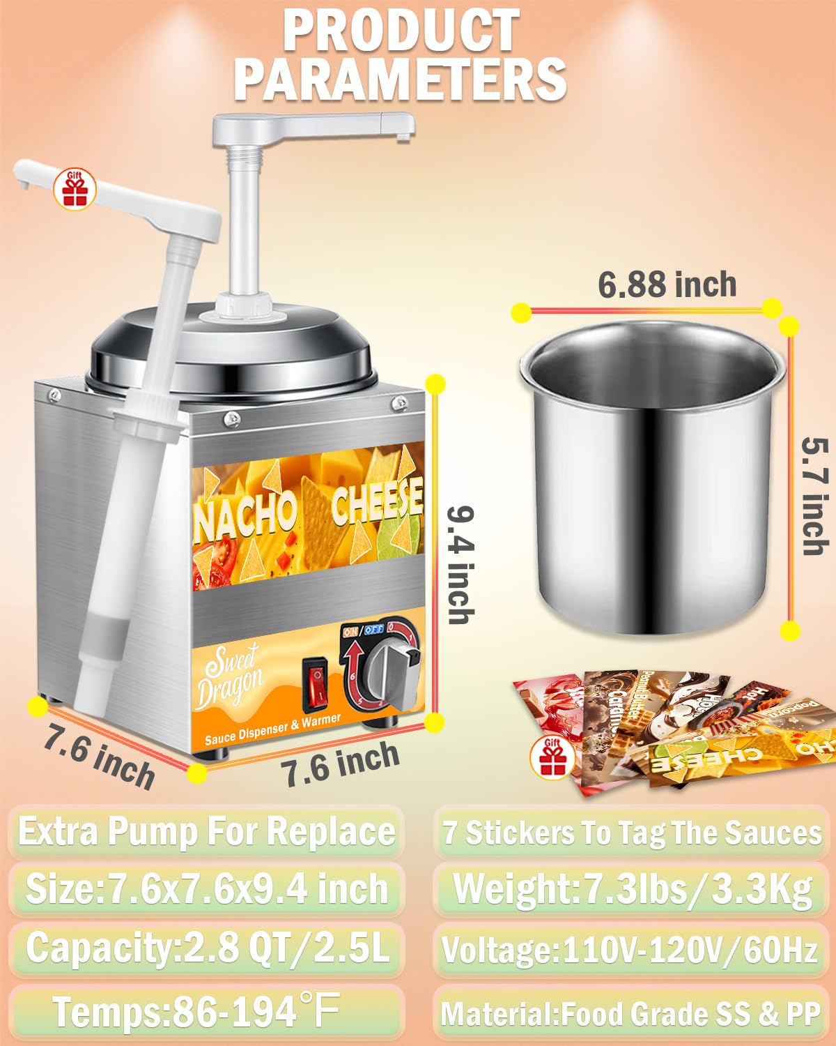 Dispensador de queso Nacho con bomba, calentador de queso nacho de 2.8 cuartos de galón, calentador de queso caliente de acero inoxidable con ajuste de temperatura de 6 niveles, dispensador de salsa