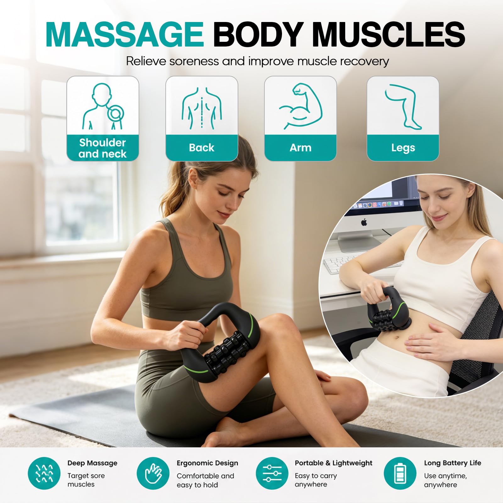 Elektrische Handmassagegerät mit Rollen,8 Geschwindigkeiten,Wiederaufladbare Tiefengewebsmassage für Rücken, Schultern & Beine, Elektrische Faszienrolle mit 6 frei drehbare Massageköpfe (B-8 Stufen)